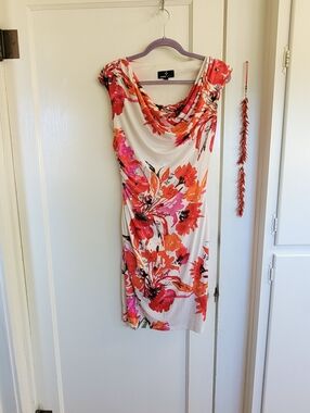 Ronni Nicole Floral Cowl Neck Dress in Cream with Pink & Orange